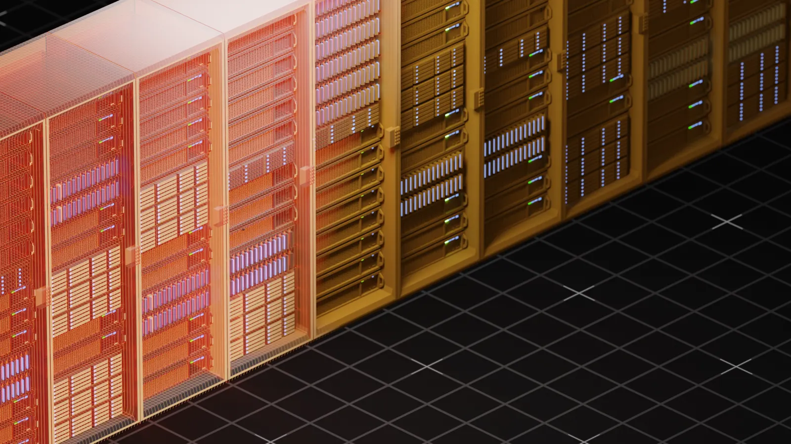 Isometric 3D render of orange server racks on a dark grid floor