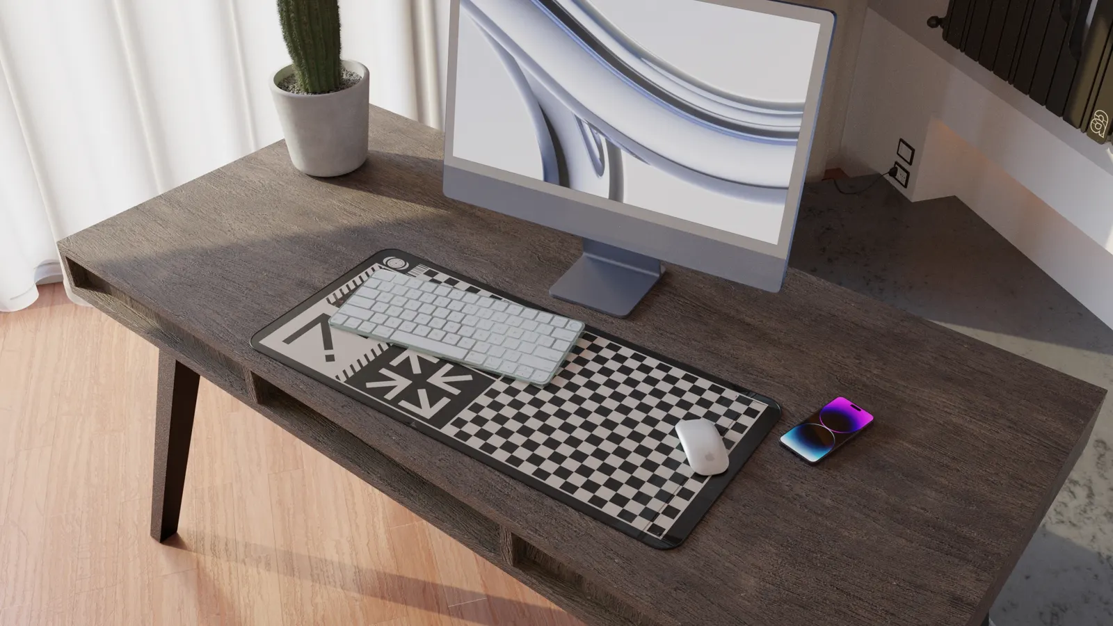 3D render of a desk setup mock-up: white monitor, keyboard on a checkered desk mat and a phone on a wooden desk